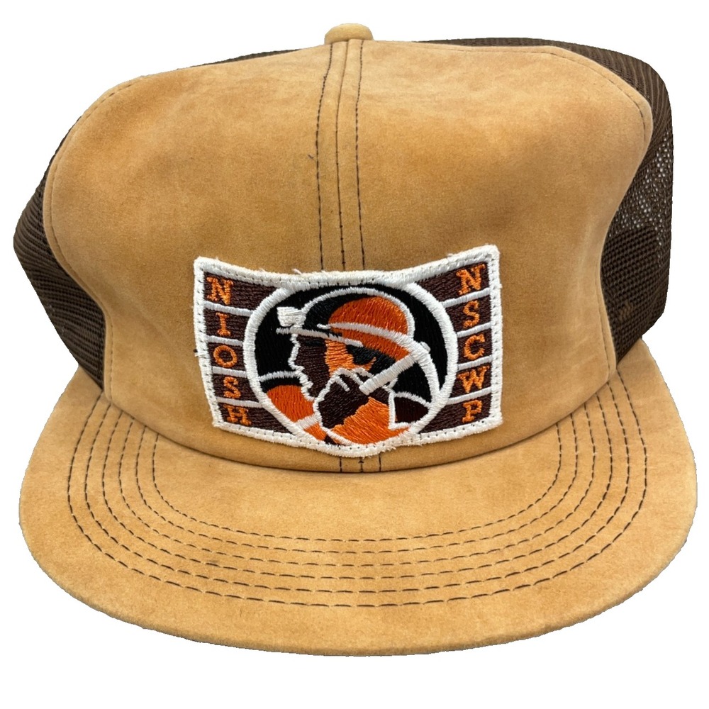 Vintage K Brand Trucker Hat Cap Made In USA 80s Brown Suede Coal Mining Patch